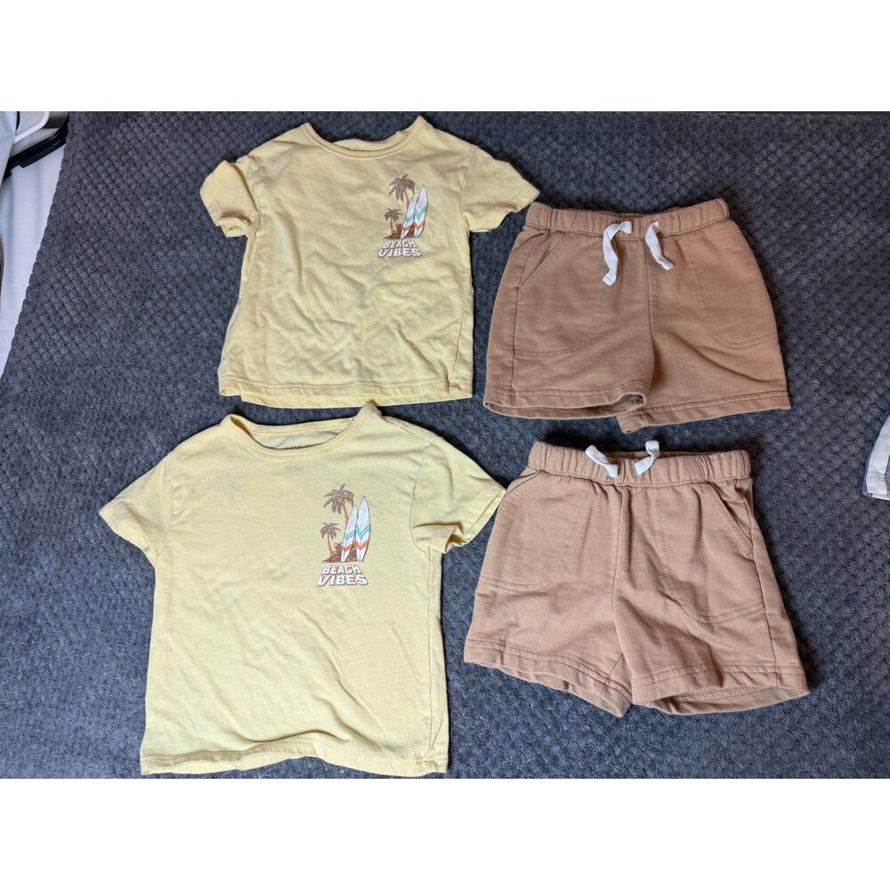 Cat & Jack Twin Boys Yellow Tops and Tan Shorts 4 Piece Outfit Lot 18-2t